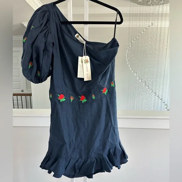 Fanm Mon 100% Linen Blue One-Shoulder Dress with Floral Embroidery